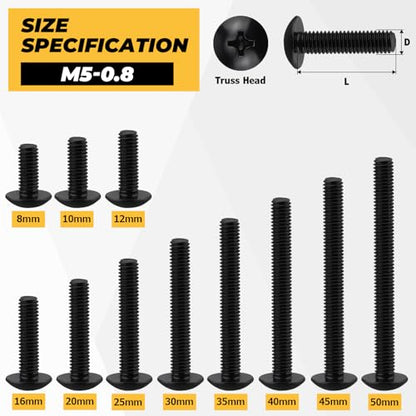 100pk M5 x 12mm Black Truss Head Machine Screws, 304 SS + Bit - size: M5-0.8 x 12mm