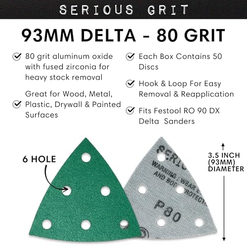 Serious Grit - 93mm 6-Hole P80 Grit Triangle Sanding Sheets - 50 Pack Box - style: 80 Grit