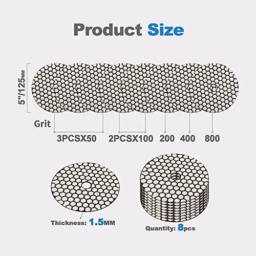 Dry Diamond Polishing Pads - 8pcs 5 inch (#50x3,#100x2,#200x1,#400x1,#800x1) Sanding Pads Kit for Granite Marble Ceramic Used on Angle Grinder or Polisher - size: 5inch / 125MM, style: MIX2