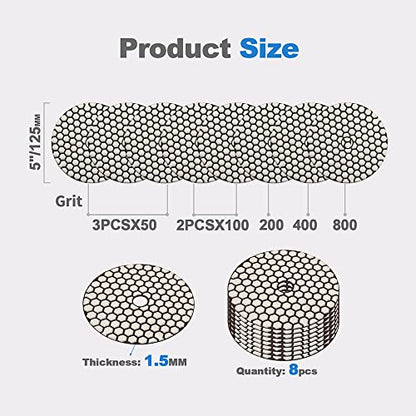 Dry Diamond Polishing Pads - 8pcs 5 inch (#50x3,#100x2,#200x1,#400x1,#800x1) Sanding Pads Kit for Granite Marble Ceramic Used on Angle Grinder or Polisher - size: 5inch / 125MM, style: MIX2