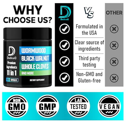 DEDICAD 11in1 Wormwood Capsules - 180 Capsules Extracted from Black Walnut, Cloves, Ginger, Turmeric, Apple, Berberine HCl & More - Support Immune System for 3 Months - size: 180 Count (Pack of 1)