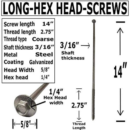 (25) 14" - Galvanized Timber Tie - Hex Head Structural Screw - Great for Outdoor Landscape use - Coarse Thread for Secure Hold - Rust Resistant Screw - Heavy Duty 3/16" for Extra Hold