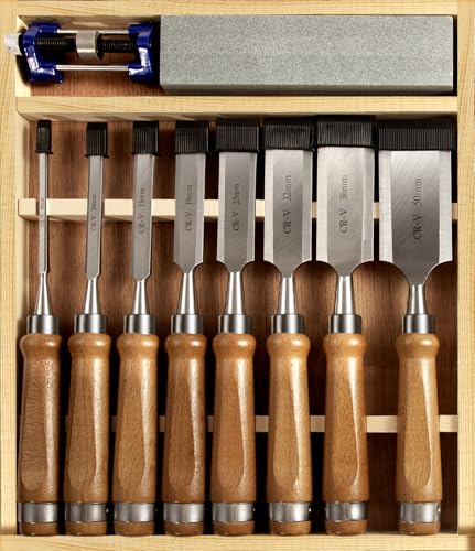 10Pcs CR-V60 Steel Wood Chisel Set with Sharpening Kit & Wooden Storage Box