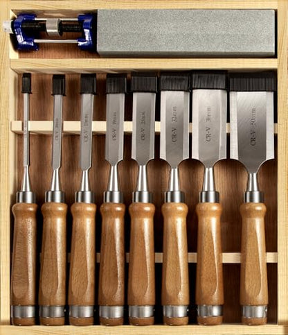 10Pcs CR-V60 Steel Wood Chisel Set with Sharpening Kit & Wooden Storage Box