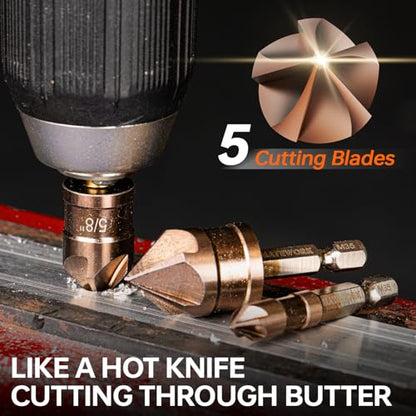 Countersink Drill Bit Set, M35 Cobalt HSS Countersink Drill Bits 6 Pieces 1/4 Inch Quick Change Hex Shank for Metal, Wood, Stainless Steel, Carbon Steel - size: M35 Cobalt