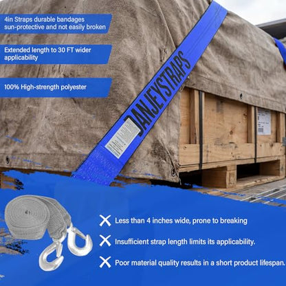 4 Inch Flat Hook Truck Straps Heavy Duty 30 FT - 6000LB Working Load Winch Strap & Tree Saver, 18000LB Break Strength Tie Downs for Flatbed Trailers and Off-Road Recovery (10 Pcs) - color: Blue
