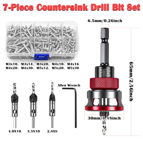 Countersink Drill Bit Set with Adjustable Depth, 4 Sizes for Wood