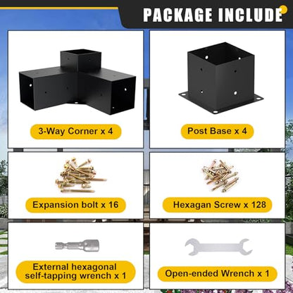 4x4 Woodworks Pergola Brackets Kit, 3-Way Corner Extension, Black Powder Coated, Metal Brackets for Wood Beams, Fence, Carport (Actual: 3.5"x3.5") - size: 8PCS 3-Way 4*4 SET