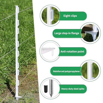 50 Pack 48" Plastic Step-in Electric Fence Posts with Clips (White-50PCS) - color: White-50PCS