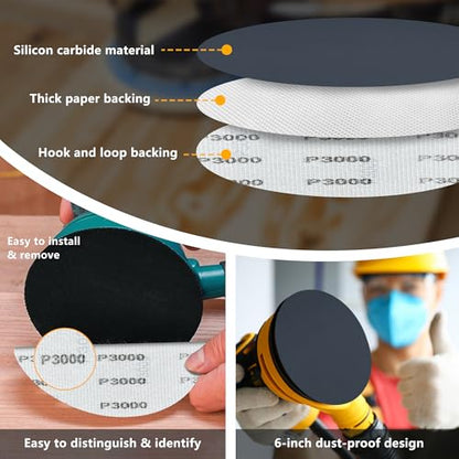 90 Pcs 6 Inch Sanding Discs Wet Dry Sandpaper Hook and Loop,320 400 600 800 1000 1500 2000 3000 5000 Grit Assortment Silicon Carbide Orbital Sander Sandpaper for Automotive Wood Metal Glass Polishing - size: Grit 320 400 600 800 1000 1500 2000 3000 5000