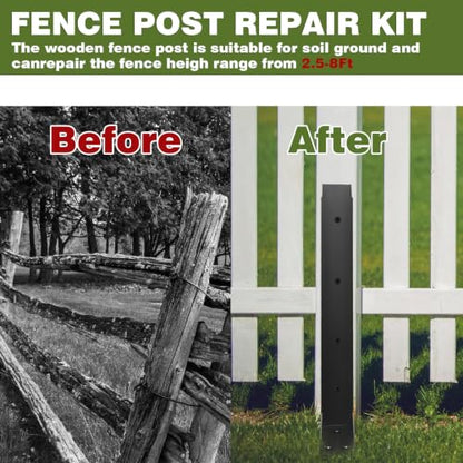 2 Pack Fence Post Repair Stakes, Heavy Duty Fence Post Mender Kit for Repairing Leaning, Loose and Broken 4x4 Wood Fence Posts with Steel No-Dig Support Brace