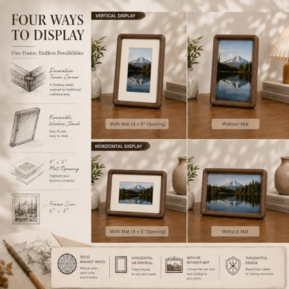 Solid Walnut Picture Frame with Plexiglass, Solid Wood Tabletop Photo Frame with Decorative Joinery Corners, Horizontal or Vertical Display (walnut wood, 6x8 Photo matted to 4x6) - size: 6x8 Matted to 4x6