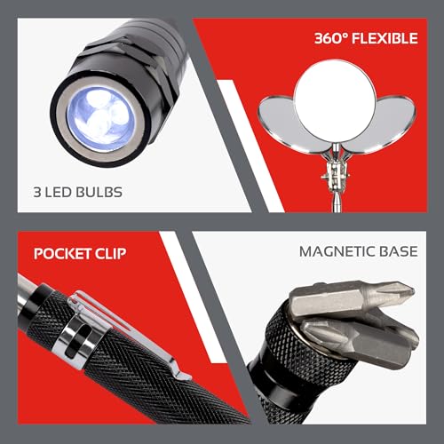 5PCS Magnetic Pickup Tool & Telescoping Inspection Mirror, Mens Gift (Red)