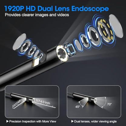 Endoscope with Light, 1920P HD Borescope with 8 Adjustable LED Lights, Semi-Rigid Snake Camera, IP67 Waterproof Inspection Tool (16.4ft, Black + Dual Lens Wiring Harness) - size: 16.4ft