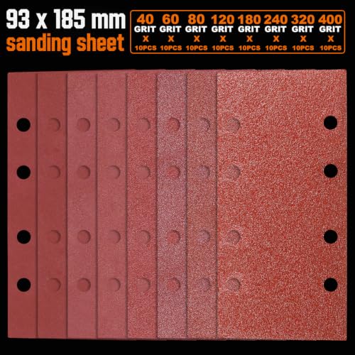 80 Pcs 1/3 Sandpaper Sheets Assorted 40-400 Grit 8 Hole - color: GRIT MIX