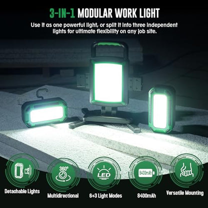 50W 5000LM Rechargeable Work Light, 3-in-1 Magnetic Work Light with Detachable 2 Floodlights, 9 Modes, Foldable&360° Rotatable IP65 Portable LED Worklight with Hooks for Jobsite Garage Car Repairing