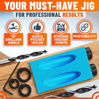 14 Pcs Pocket Hole Jig Kit, 15° Angle Drill Guide, Aluminum