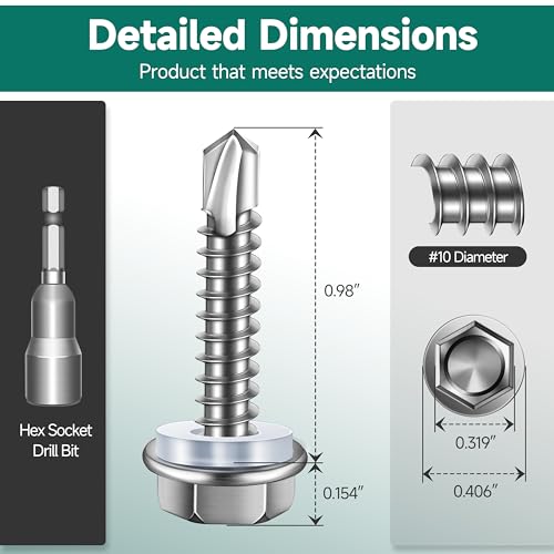100Pcs #10 x 1 Sheet Metal Screws, 410 Stainless Steel Self Drilling Hex Washer Head Self Tapping Screws for Metal with Drill Bit - color: Silver, size: #10 x 1"