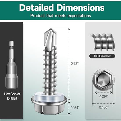 100Pcs #10 x 1 Sheet Metal Screws, 410 Stainless Steel Self Drilling Hex Washer Head Self Tapping Screws for Metal with Drill Bit - color: Silver, size: #10 x 1"