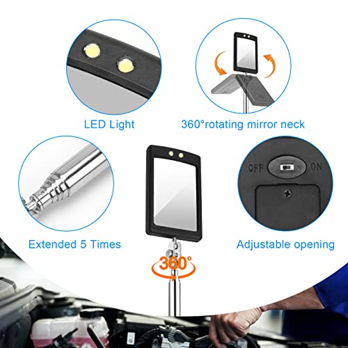 2 Pieces Telescoping Inspection Mirror, Round and Square LED Lighted Flexible Tool for Checking Vehicle, Mechanic Automotive Mirror