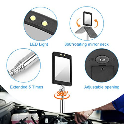 2 Pieces Telescoping Inspection Mirror, Round and Square LED Lighted Flexible Tool for Checking Vehicle, Mechanic Automotive Mirror