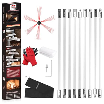30 Feet Chimney Sweep Kit, Chimney Cleaning Kit with 9 Flexible White Chimney Rods, Chimney Brush for Sweeping Fireplace, Rotary Chimney Cleaning System Driven by Drill - size: 30 Feet