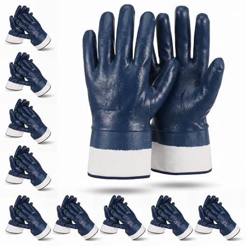 10-Pair Heavy-Duty Chemical Resistant Gloves & Oil Resistant Gloves for Men, Fully Coated Nitrile Work Safety Tools with Wide Cuff (Blue)