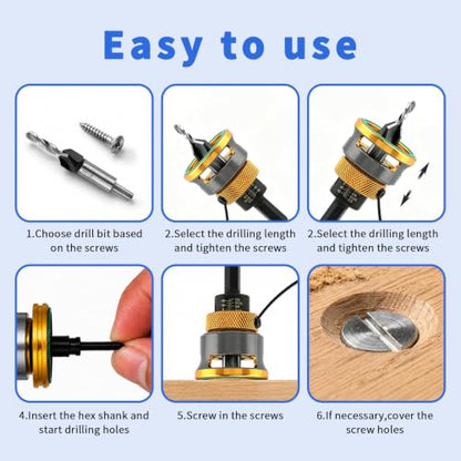 7PCS Countersink Drill Bits Set, Four-Flute Tapered Drill Bits, Alloy Countersink Bit for Wood, Include Adjustable Depth Stop Collar&Wrench for 82 Degree Woodworking, Plywood &MDF
