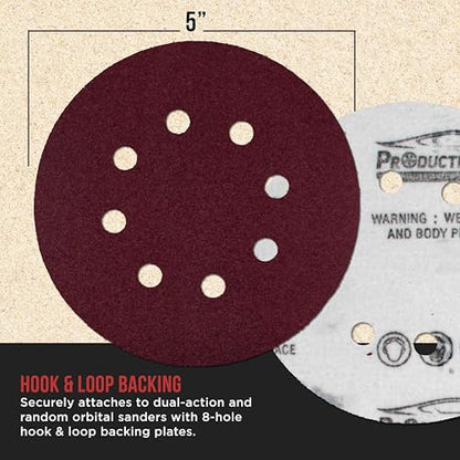 ProductionShop Premium 5" Red 8-Hole Pattern 150 Grit Sanding Discs, Box of 50 - Dustless Hook & Loop Backing Sandpaper for Random Orbital Sanders, Medium-Fine-Cut Abrasive - Woodworking, Auto Paint - style: 150 Grit