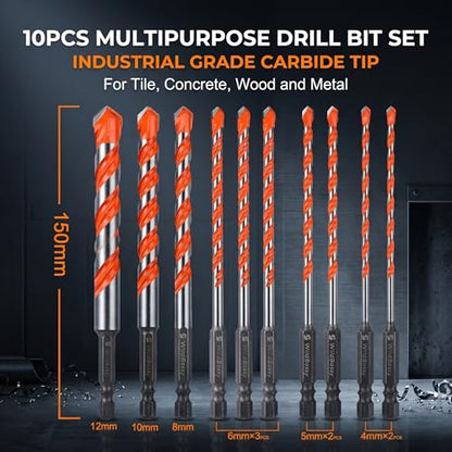 Concrete Carbide Drill Bits Hex Shank Masonry Cement Tile Drill Bit Set for Glass/Brick/Plastic/Cement/Tile 4mm-12mm (10PCS) - size: 4mm-12mm