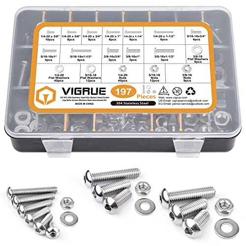 VIGRUE 197PCS 1/4-20 5/16-18 3/8-16 Button Head Cap Screw, SAE 12 Sizes Hex Cap Bolts Flat Washers Nuts Assortment Kit Machine Screws Set, 304 Stainless Steel - size: 197PCS 1/4-20 5/16-18 3/8-16 Button Head