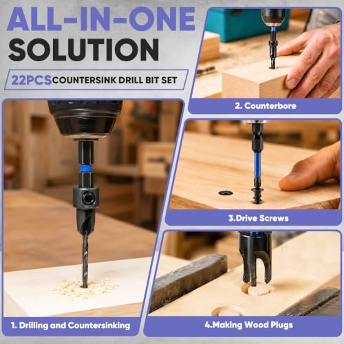 Countersink Drill Bit Set 22PCS with 20 Wood Plugs & 80 Screws for Wood