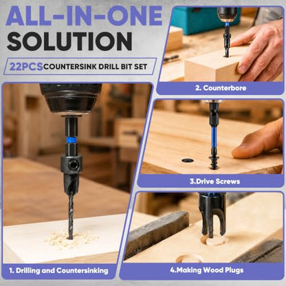 Countersink Drill Bit Set 22PCS with 20 Wood Plugs & 80 Screws for Wood