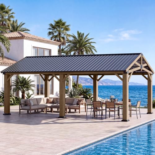 Aoxun 12' x 24' Wood Gazebo with Galvanized Steel Gable Roof, Gray - color: Taupe Gray, size: 12' x 24'