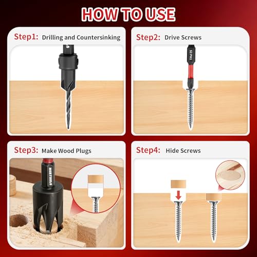Countersink Bit Set, 18 PCS Counter Sink Drill Bit for Woodworking with 2 Wood Plug Cutters, 1/4" Hex Shank Screwdriver Bits, Depth Stop Collars,82° Counterbore with Storage Case