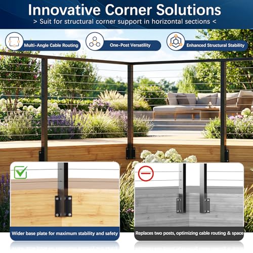 Side Mount Inner Corner Post 36" (Post Body 44"), Fixed Top Three Side Drilled Corner Post Cable Railing, Black Stainless Steel T304 Fascia Mount Metal Post with Inner Terminal & Cable Grommet - style: 1x Inner Corner