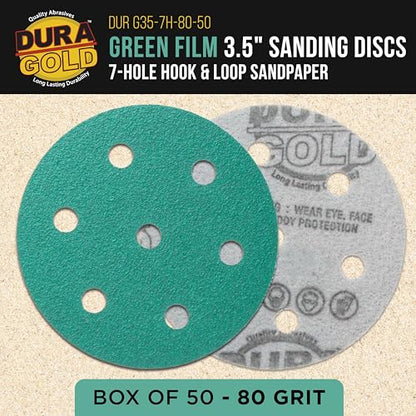 Dura-Gold 3.5" (90mm) Green Film Sanding Discs, 80 Grit, 7-Hole Box of 50 - style: 80 Grit