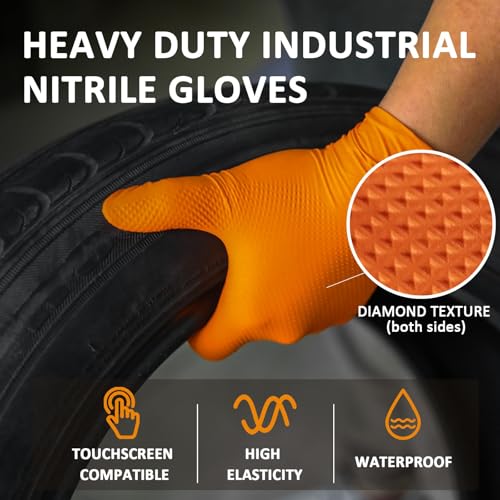 Heavy Duty Nitrile Gloves, 10-mil Thick, Diamond Texture, Powder and Latex Free, 100 Count (50 Pairs) - size: Large