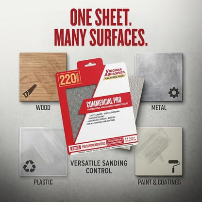 Sandpaper Sheets Commercial Pro, 220 Grit, Very Fine, 9” x 11”, 20 Pack - style: 220 Grit