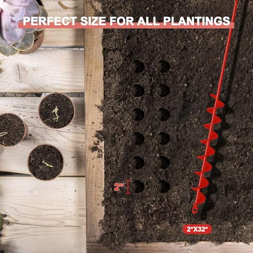 Auger Drill Bit for Planting - 2" X 32" Heavy-Duty Garden Spiral Drill Bit - Bulb Planter & Post Hole Digger - 3/8" Hex Drive - size: 2"x32"-Red
