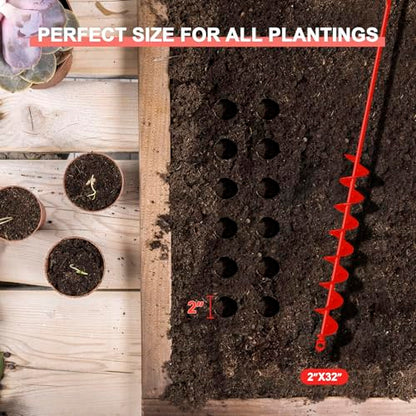 Auger Drill Bit for Planting - 2" X 32" Heavy-Duty Garden Spiral Drill Bit - Bulb Planter & Post Hole Digger - 3/8" Hex Drive - size: 2"x32"-Red