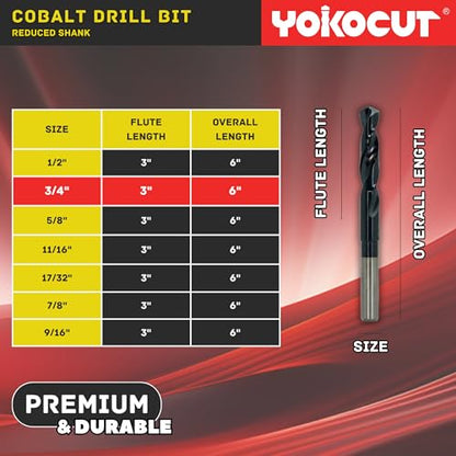 3/4 Inch Cobalt Drill Bit | Reduced Shank High Speed Steel | 3/4 Drill Bit for Stainless Steel and Hardened Metal | HSS M35 Titanium Aluminum Nitride Coating with 1/2" Shank - size: 3/4 Inch