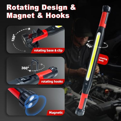 Magnetic Work Light 3000 Lumens, Rechargeable LED Flood Light with 180° Rotating Head & 360° Hooks, IP65 Waterproof Shatterproof Portable Spotlight for Camping, Emergency, Car Repair, Jobsite