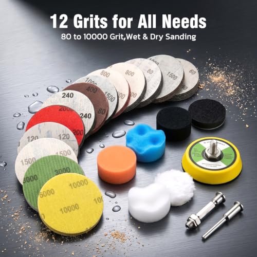 193Pcs 2 Inch Sanding Discs Set, Hook and Loop Polishing Kit for Headlight Restoration, Wet Dry Buffing Pads for Metal, Wood, and Glass