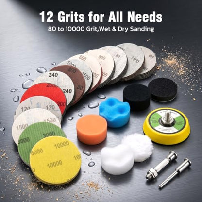 193Pcs 2 Inch Sanding Discs Set, Hook and Loop Polishing Kit for Headlight Restoration, Wet Dry Buffing Pads for Metal, Wood, and Glass