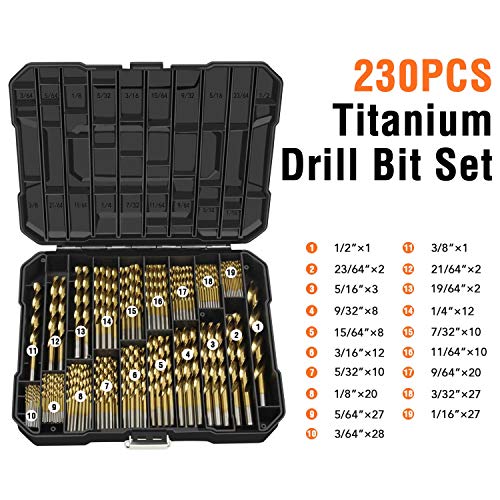 ENERTWIST 230 PCS Titanium Drill Bit Kit Set, Conventional 135° Tip - style: 230PCS(135°)
