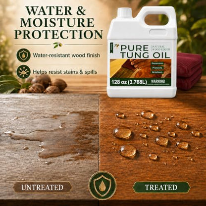 128oz 100% Pure Tung Oil, Food Safe Waterproof Wood Finish with Easy Cloth - size: 128 Fl Oz