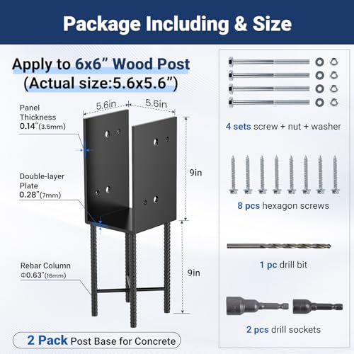 U Shape 6"x6" (Actual 5.6x5.6) Post Base Wet Concrete Fence Bracket Heavy Duty Stainless Steel Deck Railing Wood Fence Sheds Porch Flange Pergola Mailbox Ground Holders Support, 2pk black