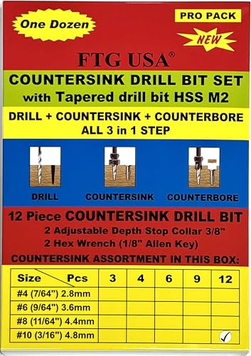 FTG USA 12 Pc #10 (3/16") Tapered Countersink Drill Bit Set with 2 Stops - size: #10, style: Same Sort 12 Pc