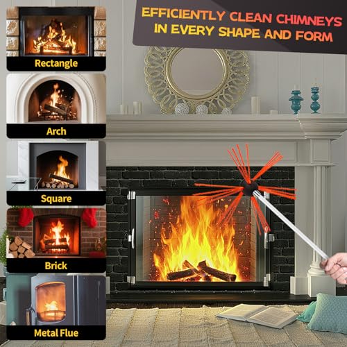 30 Feet Chimney Sweep Kit, Chimney Cleaning Kit with 9 Flexible White Chimney Rods, Chimney Brush for Sweeping Fireplace, Rotary Chimney Cleaning System Driven by Drill - size: 30 Feet